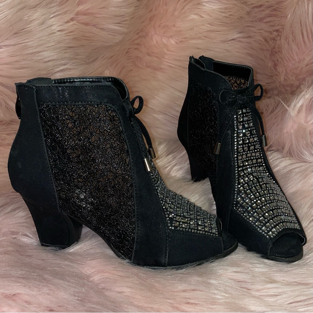 Italina Lace & Rhinestone Black Peep-Toe Ankle Boots